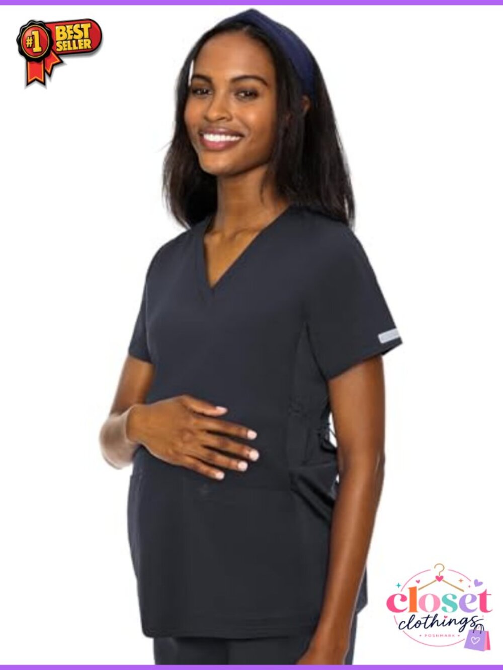 Maternity Scrub Top V-Neck 2 Pockets Adjustable Pregnancy Fit Medical